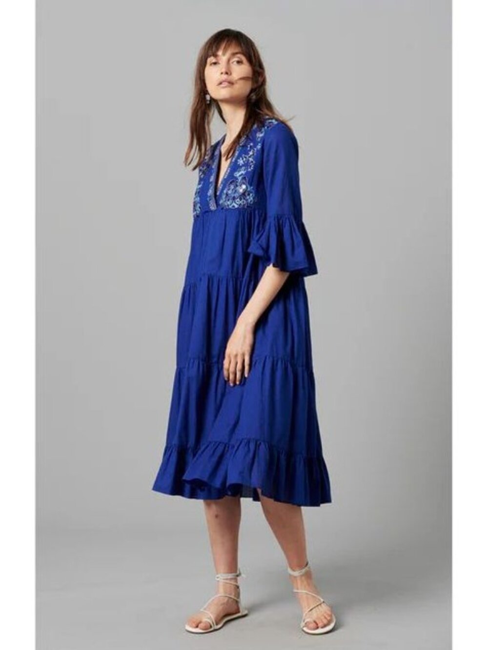 Megan Park Cobalt Blue Cotton Midi Dress Tiered Embroidered Mirror Beads India - Picture 2 of 9